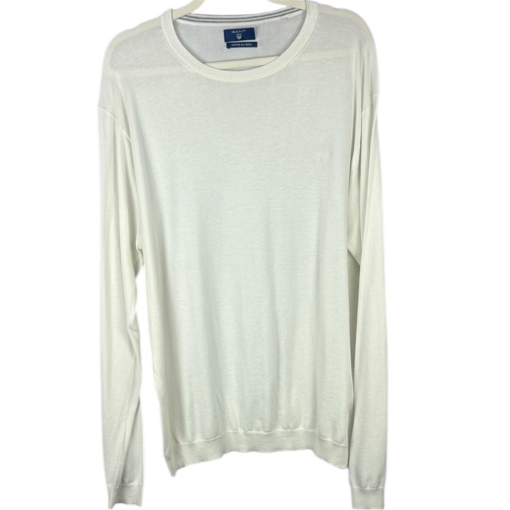 Gant White Cream Cotton Silk Wool Blend Crewneck Sweater Size XL